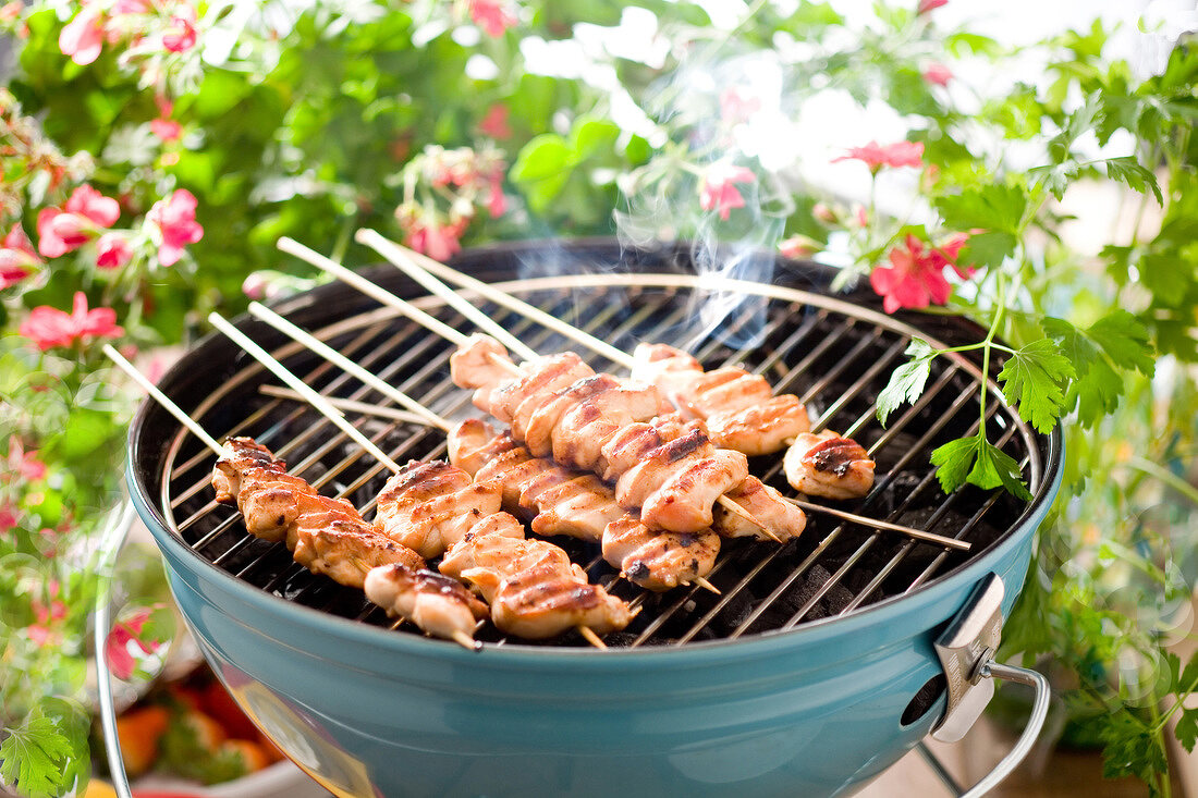 Chicken kebabs cooking on the barbecue in the garden