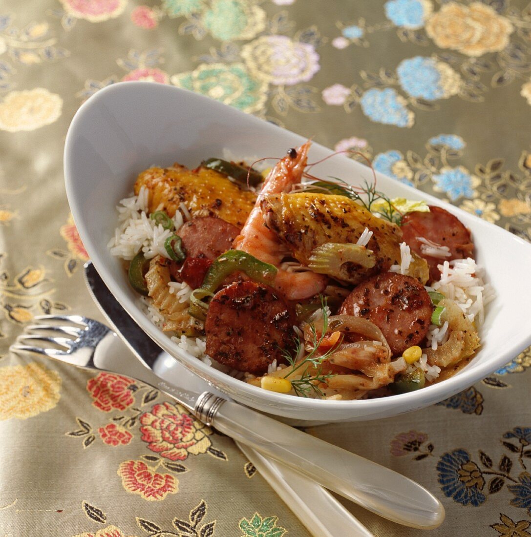 Jambalaya (Creole rice dish with prawns and sausage)