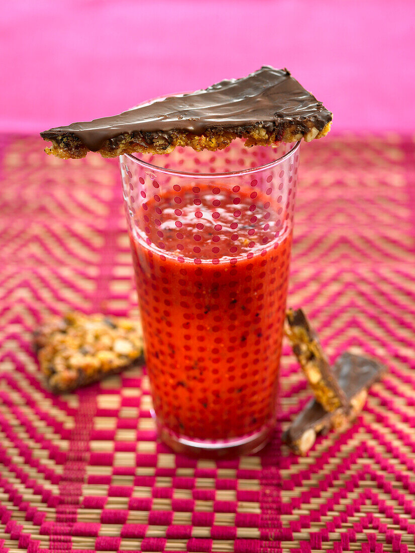 Strawberry syrup and corn flakes triangles, fruit and chocolate