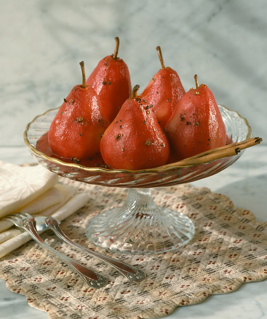 Pears poached in red wine