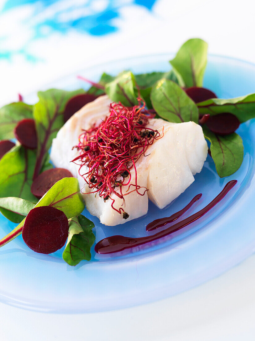 Piece of cod with beetroot sprouts