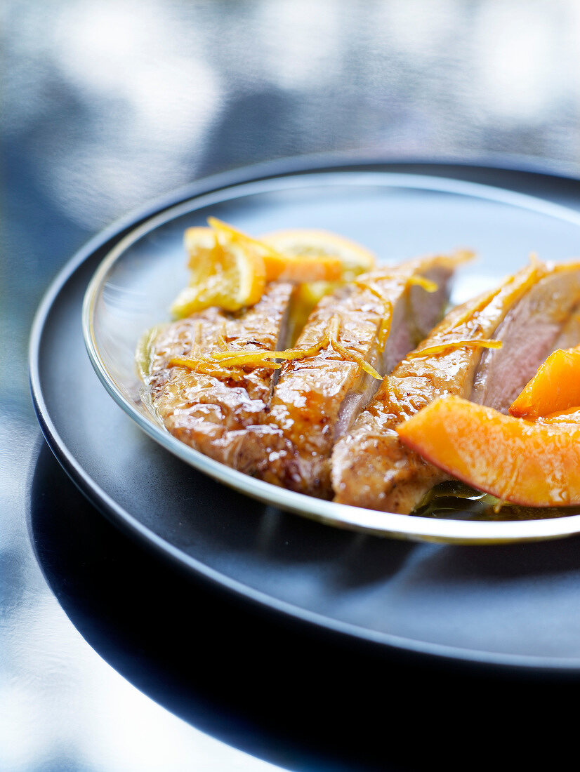 Duck Magret with peaches and orange