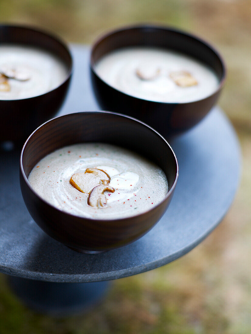 Bowls of creamy cep soup