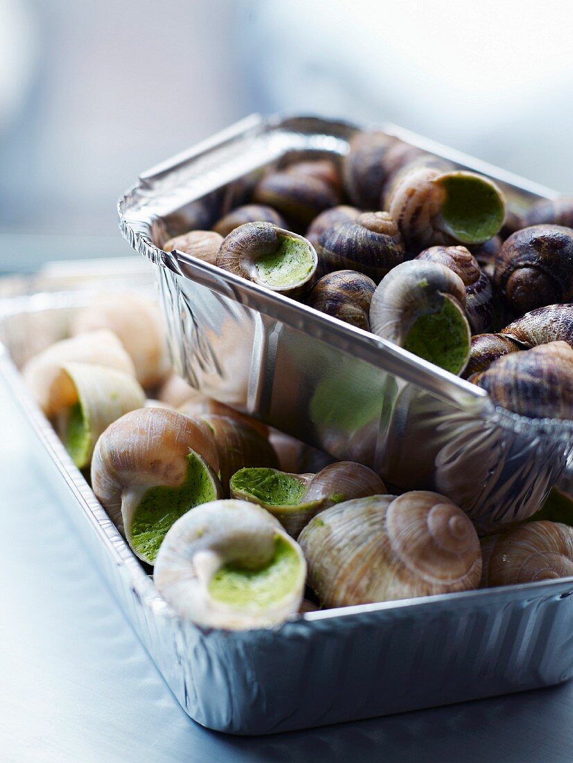 Schnecken mit Petersilienbutter in Alu-Schalen