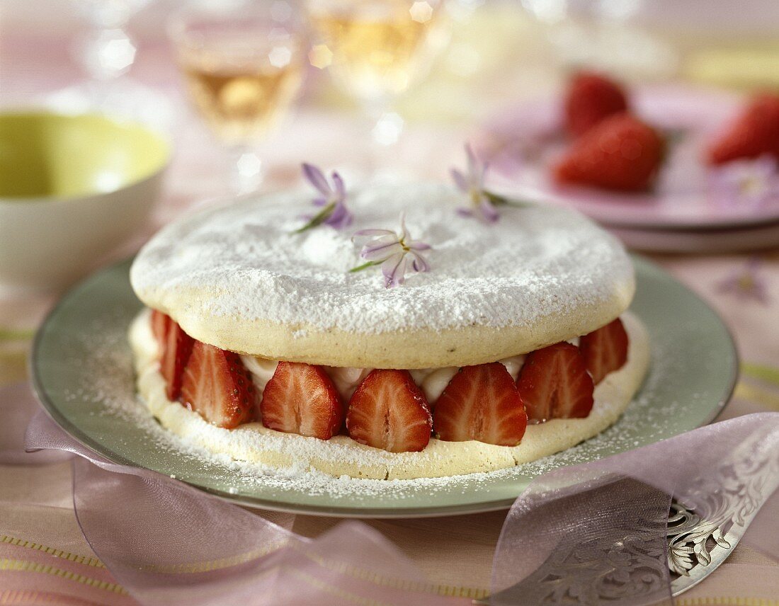 Meringue cake filled with mascarpone and strawberries