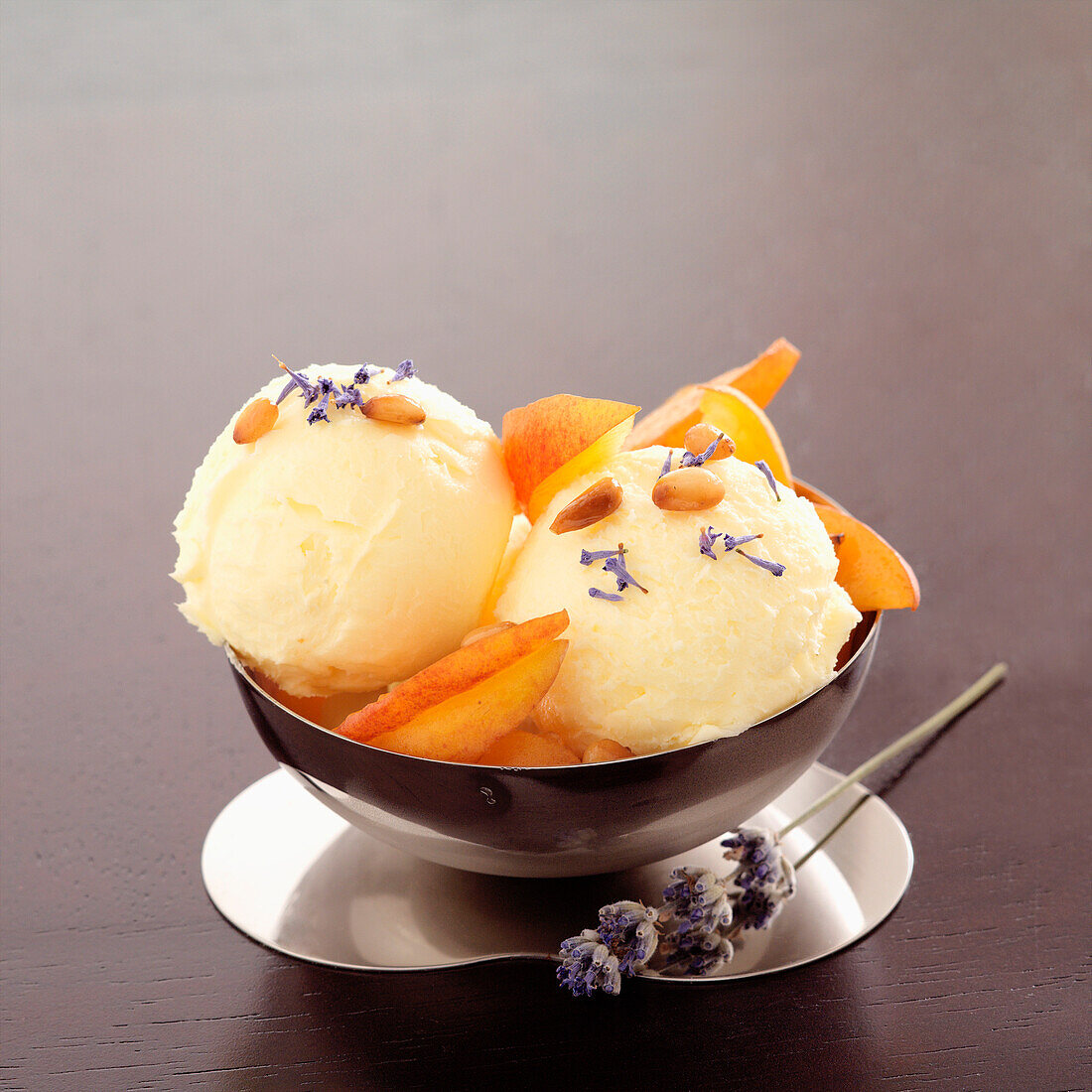 Peach sorbet with pine nuts and lavander