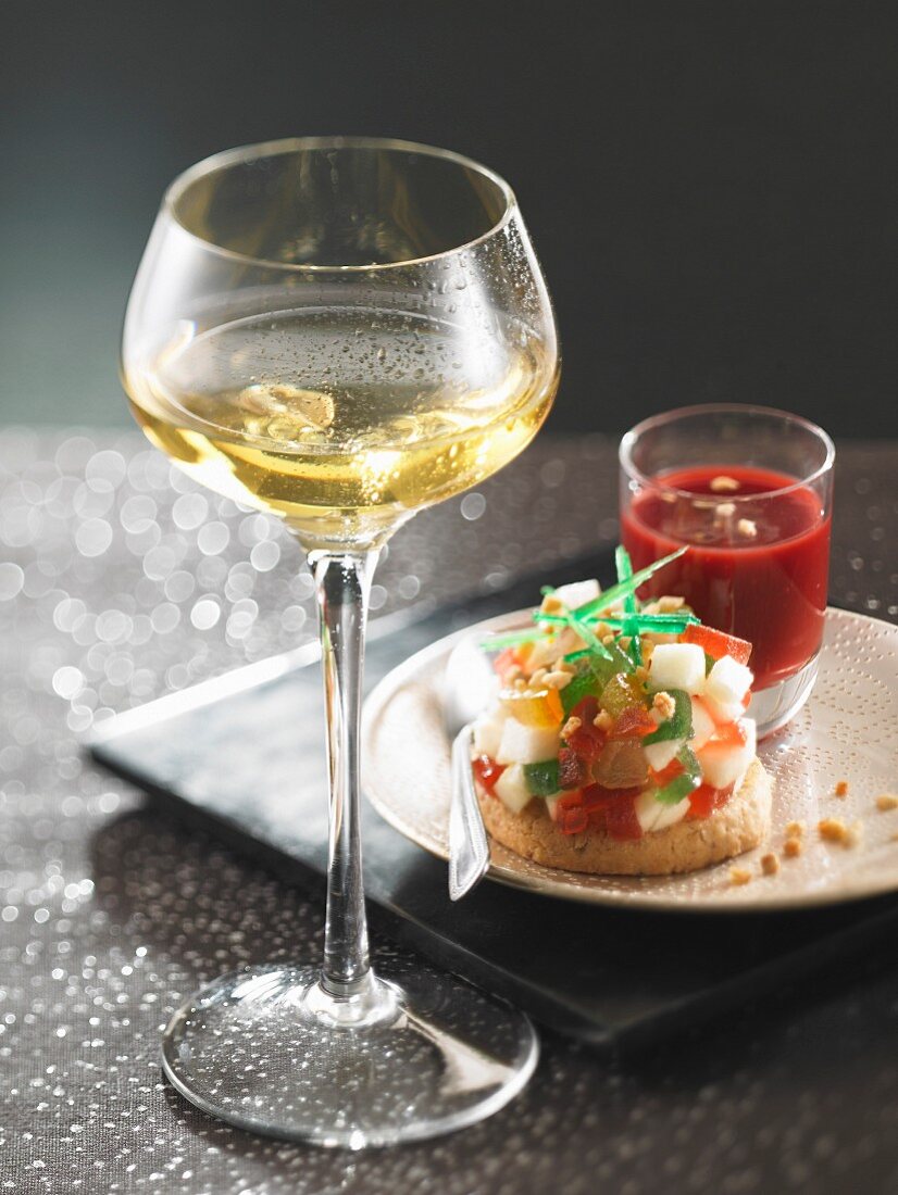 Pear tartare with confit fruits ,summer fruit puree and a glass of Gewurztraminer