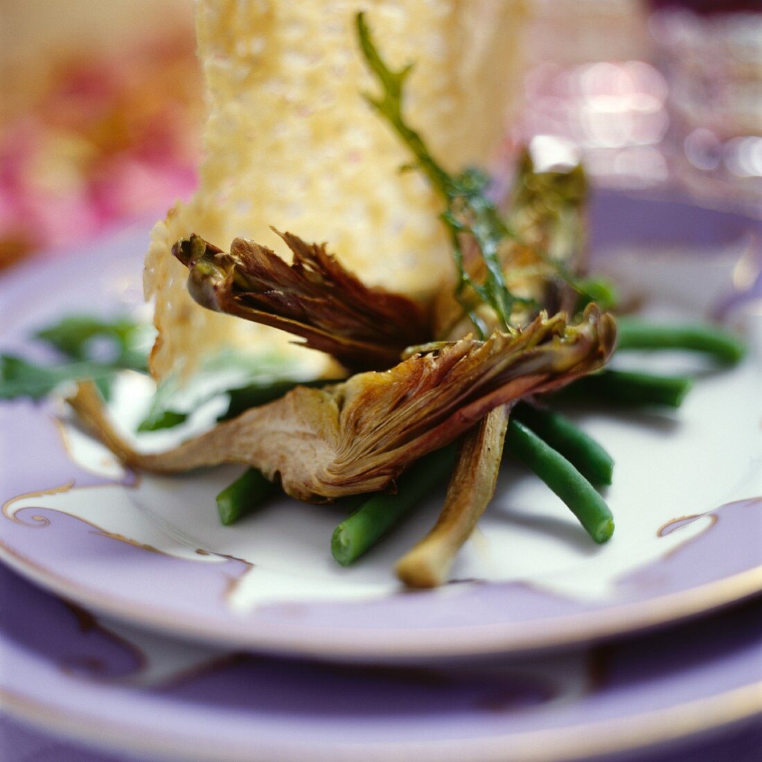 Grilled artichokes, green beans and Parmesan wafers