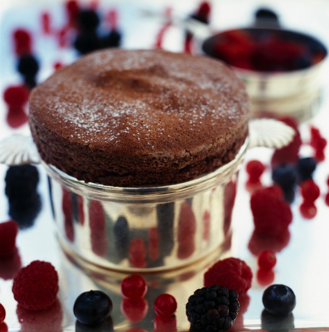 Chocolate souffle with red berries
