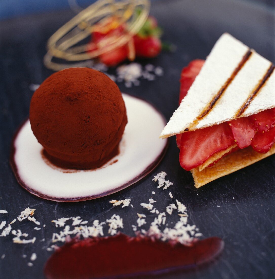 A strawberry millefeuille and a chocolate truffle praline