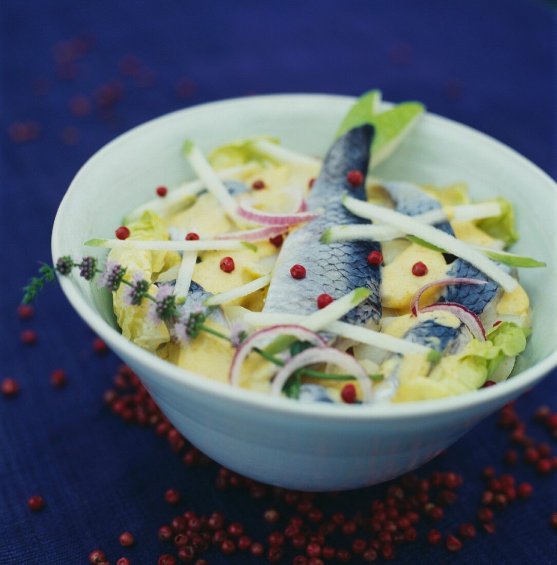 Makrelensalat mit Kartoffeln, Äpfeln und Currysauce