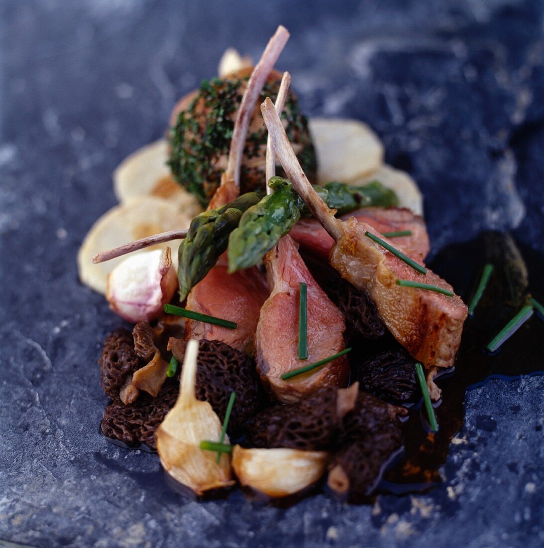 Lamb chops with morel mushrooms and asparagus