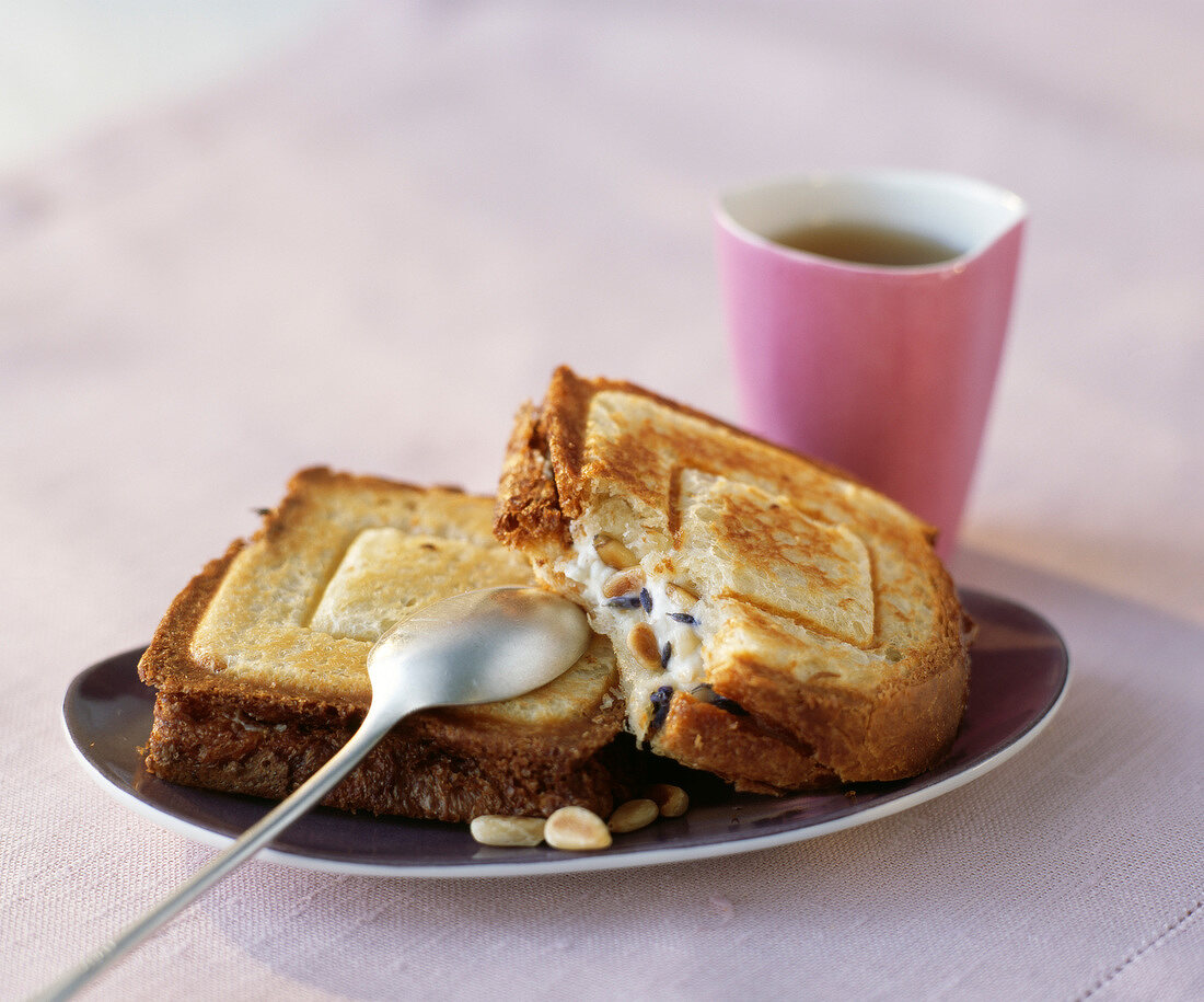 Goat's cheese,pine nuts,lavander and honey toasted sandwich