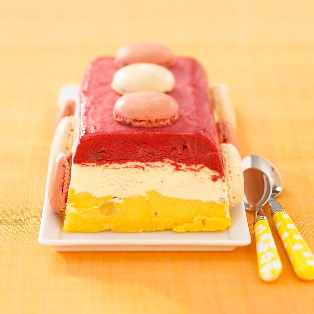 3 flavored ice cream terrine decorated with macaroons