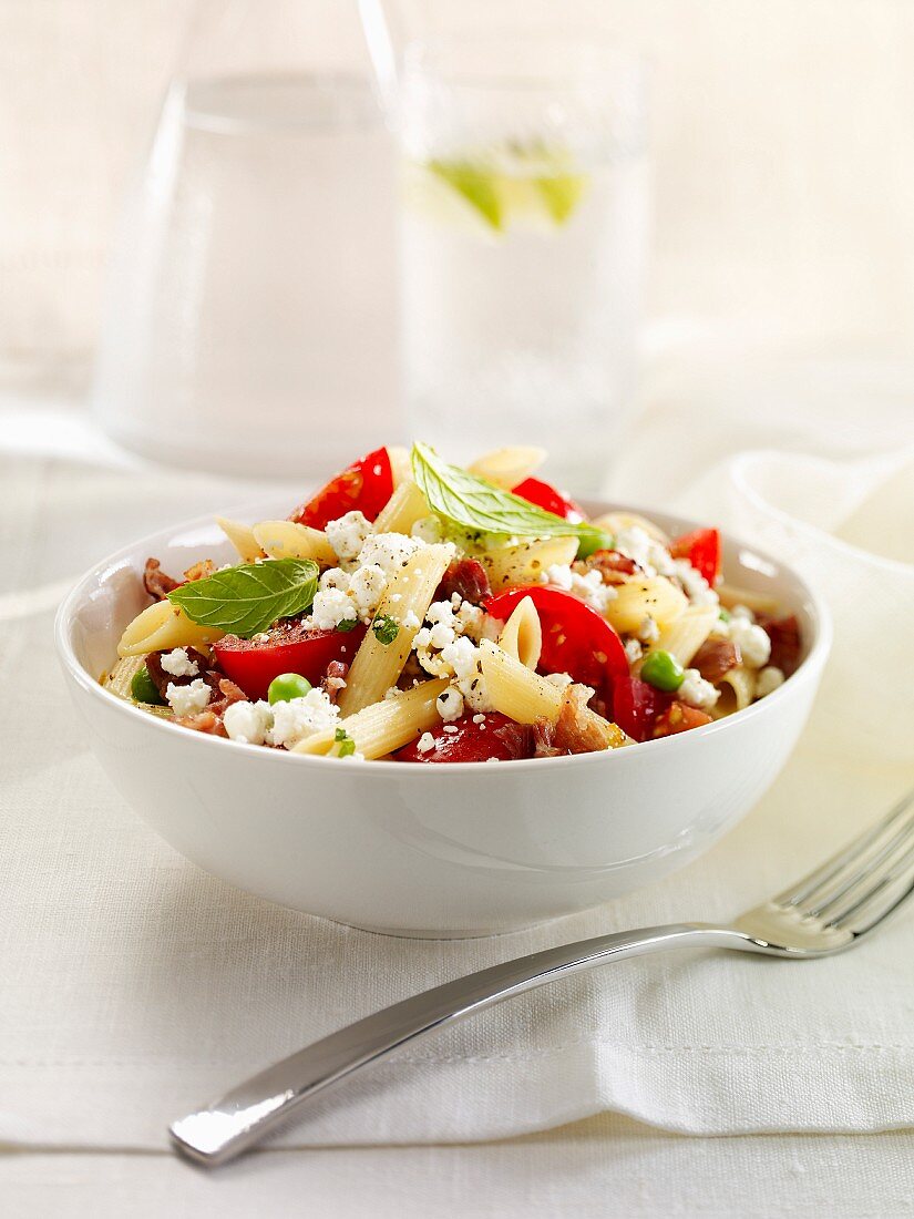 Penne with summer vegetables,feta and basil