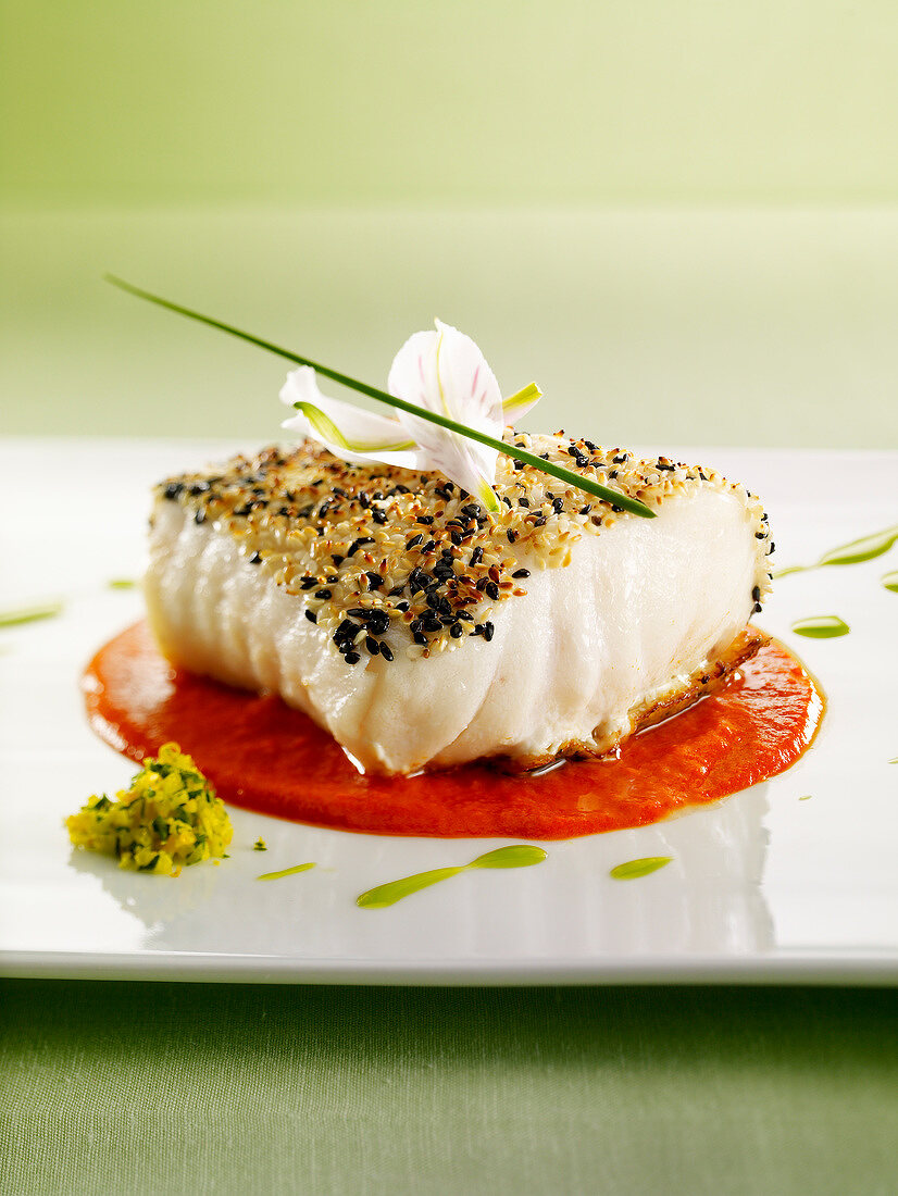 Thick piece of cod with herb crust and red pepper puree