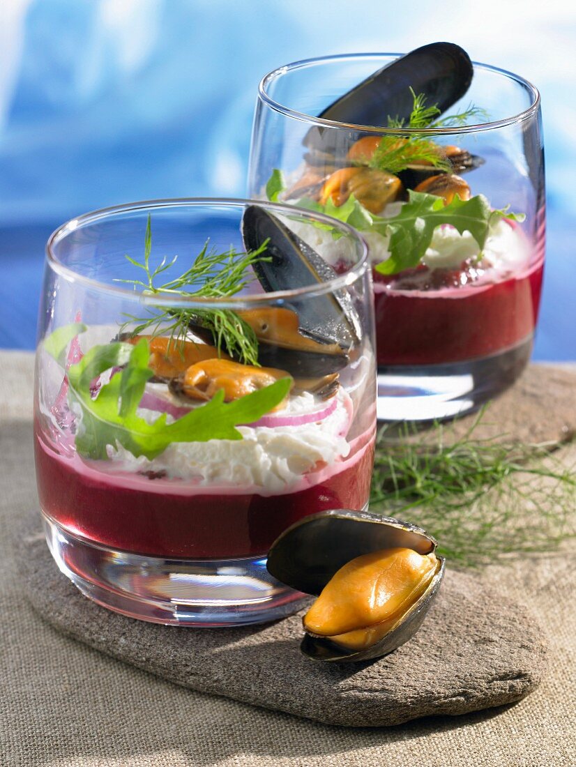 Cream of beetroot with Fromage frais and mussel Verrines