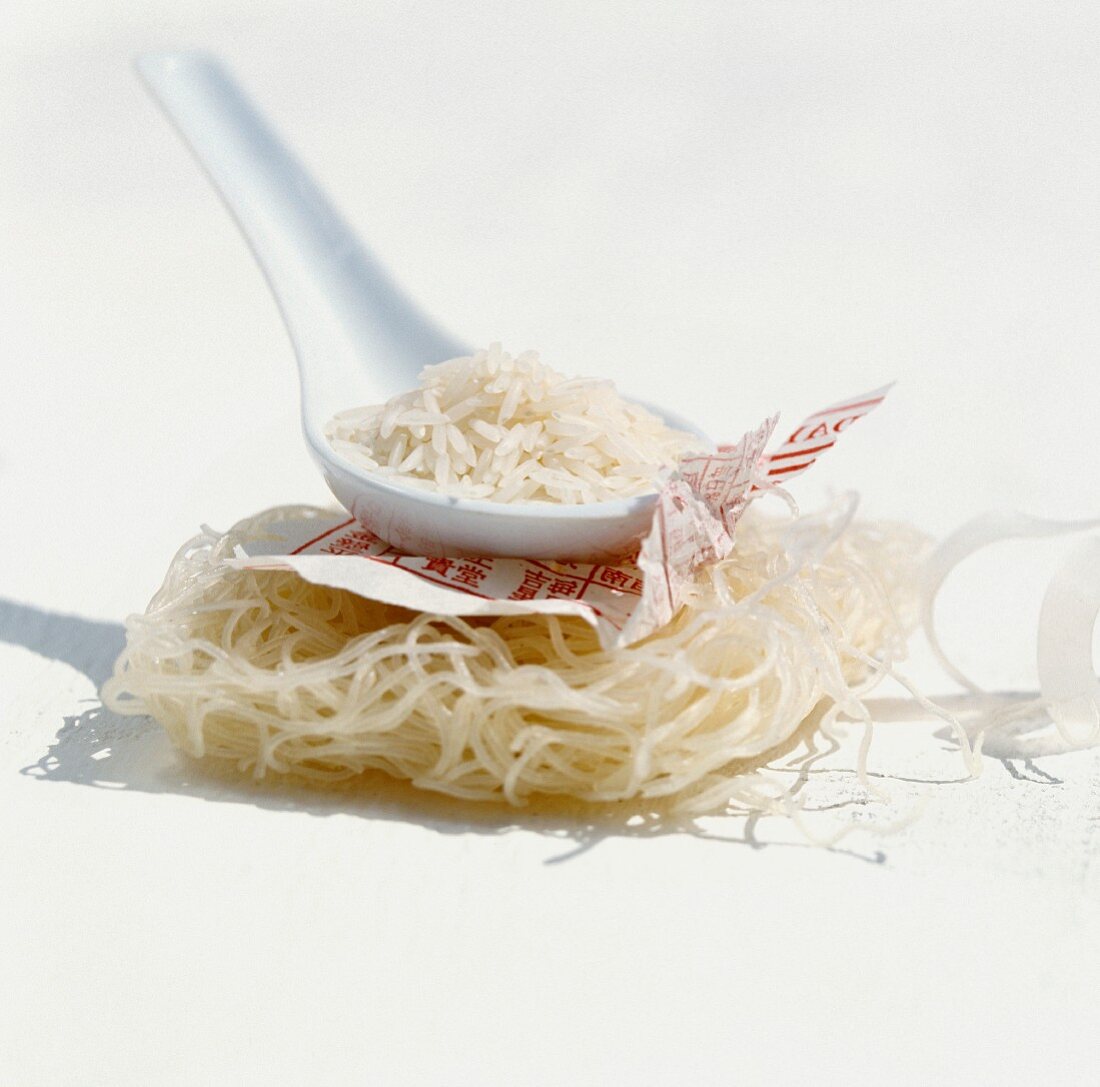 Rice noodles and rice on a tasting spoon