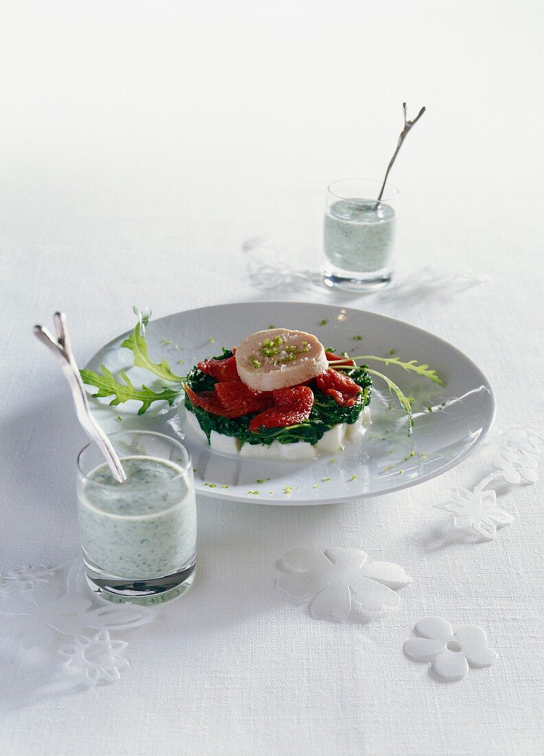 Chicken breast with mozzarella, rocket, preserved tomatoes and yoghurt with mint