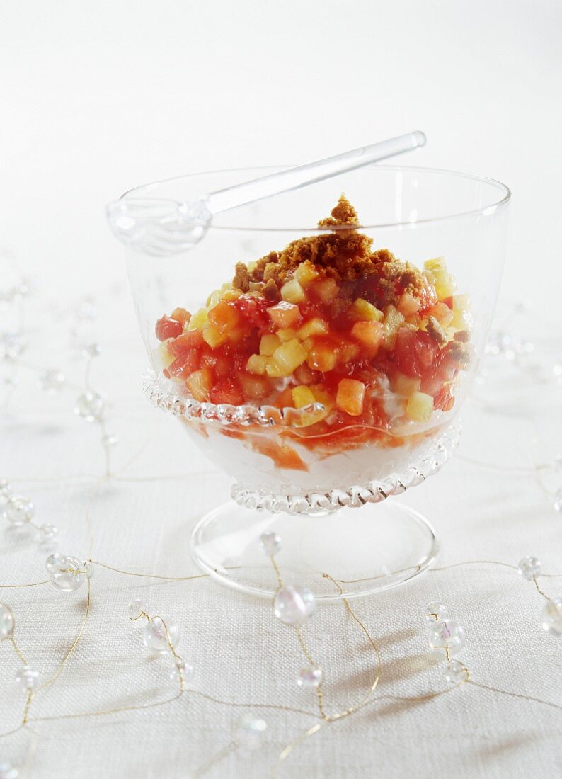 Fruit salad with strawberries, pineapple, tomato juice and Szechuan pepper