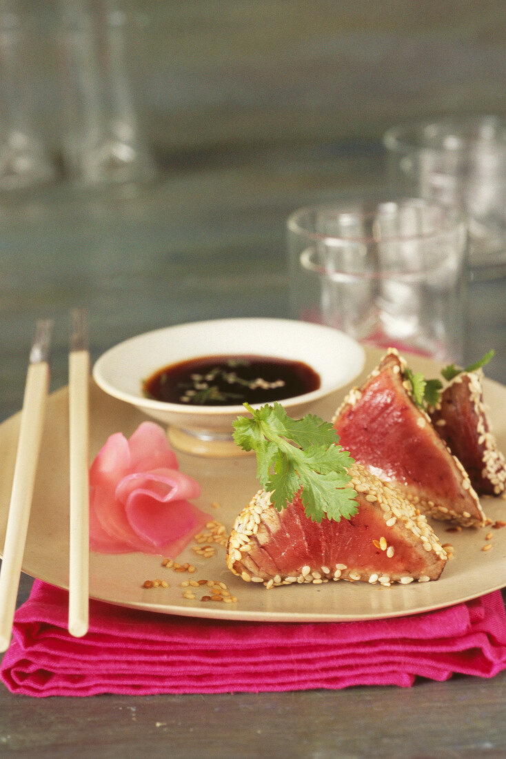 Japanes-style tuna with sesame seed crust, ginger sauce