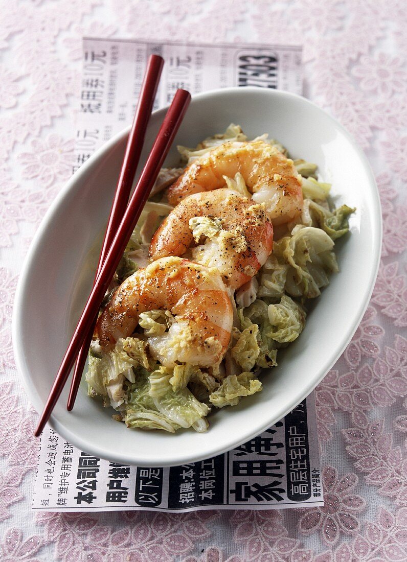 Sauteed shrimps and Chinese cabbage fricassée