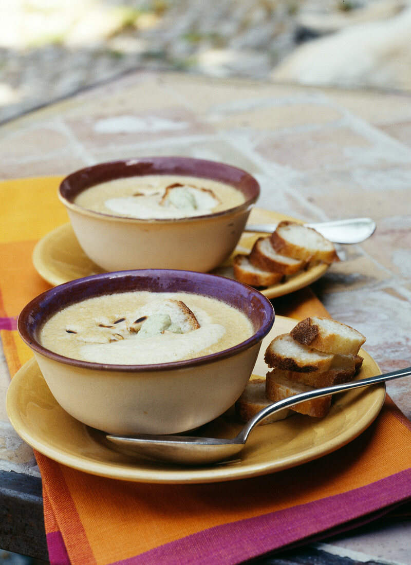 Fish soup with olive-flavored cream