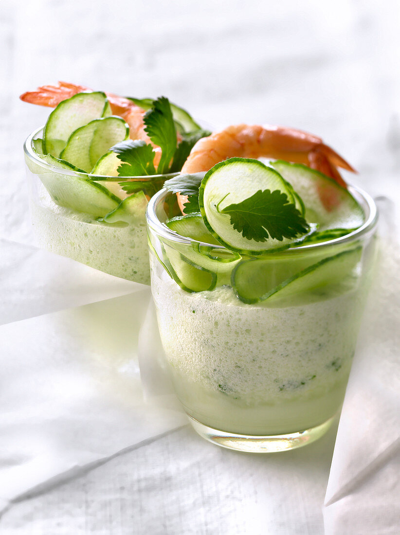 Light cucumber mousse with shrimps,coriander and chives