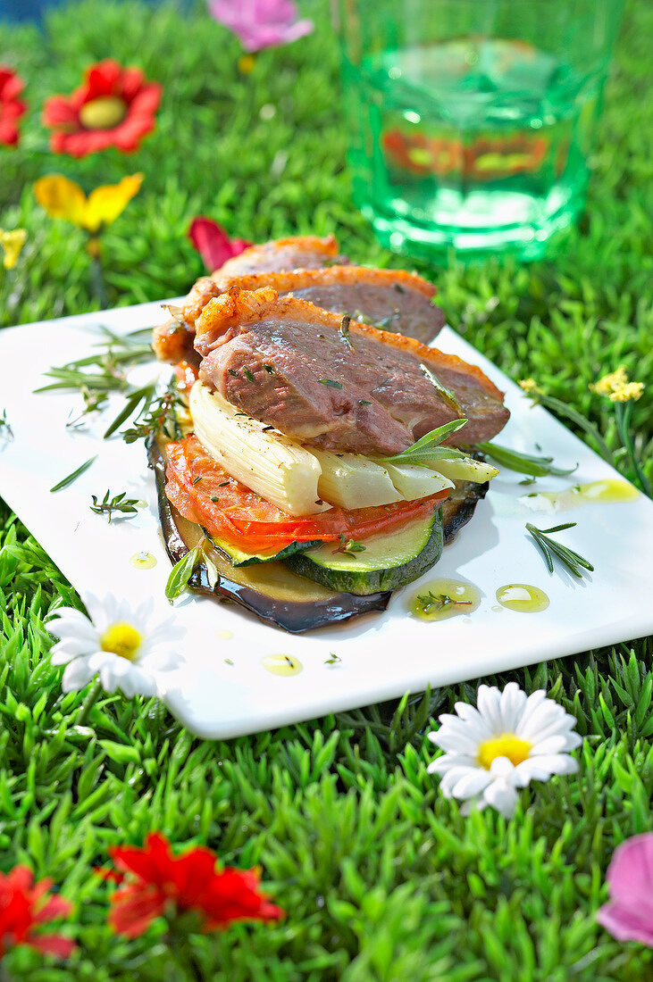 Duck magret and summer vegetable mille-feuille