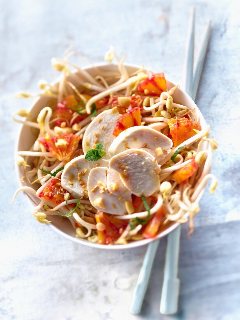Bean sprout,chicken,blood orange,citronella and sesame seed salad