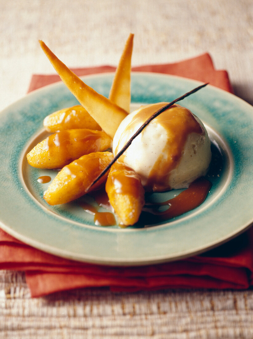 Rice pudding ice cream ,pan-fried apples with toffee sauce