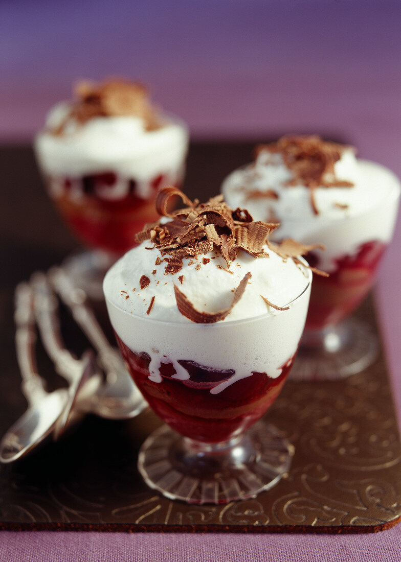 Chocolate, cherry puree and whipped cream desserts