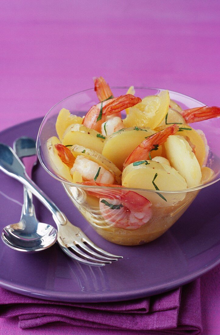 Ratte potato and shrimp salad with basil dressing