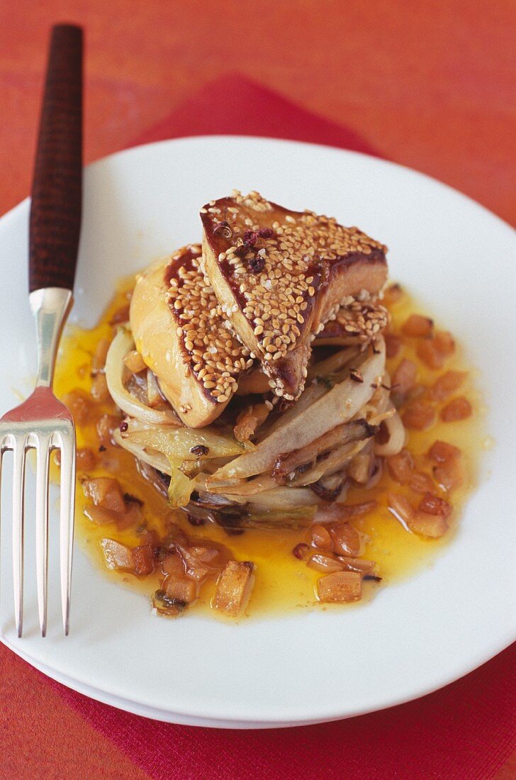 Pan-fried foie gras with sesame seeds and chicory