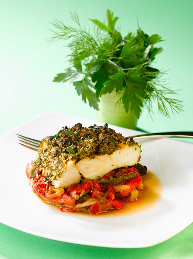 Thick piece of bass with herb crust