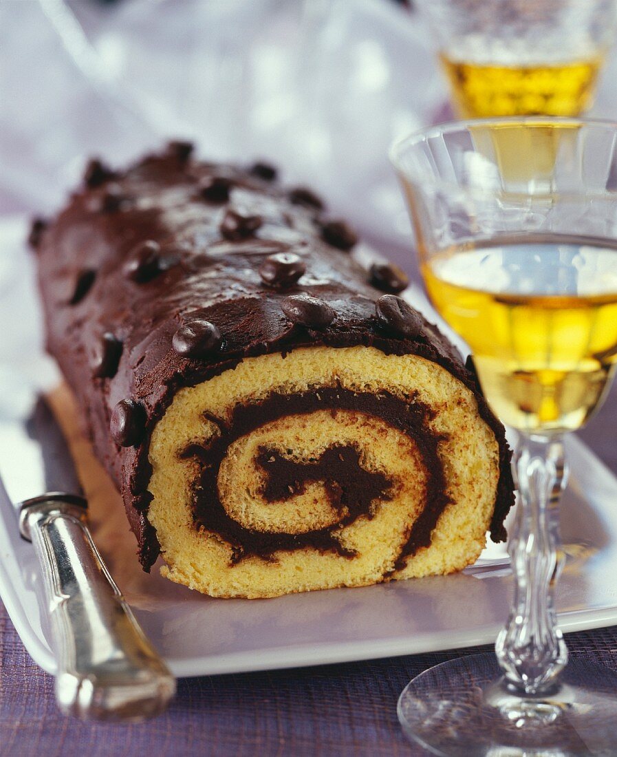 Rolled log cake with coffee Ganache