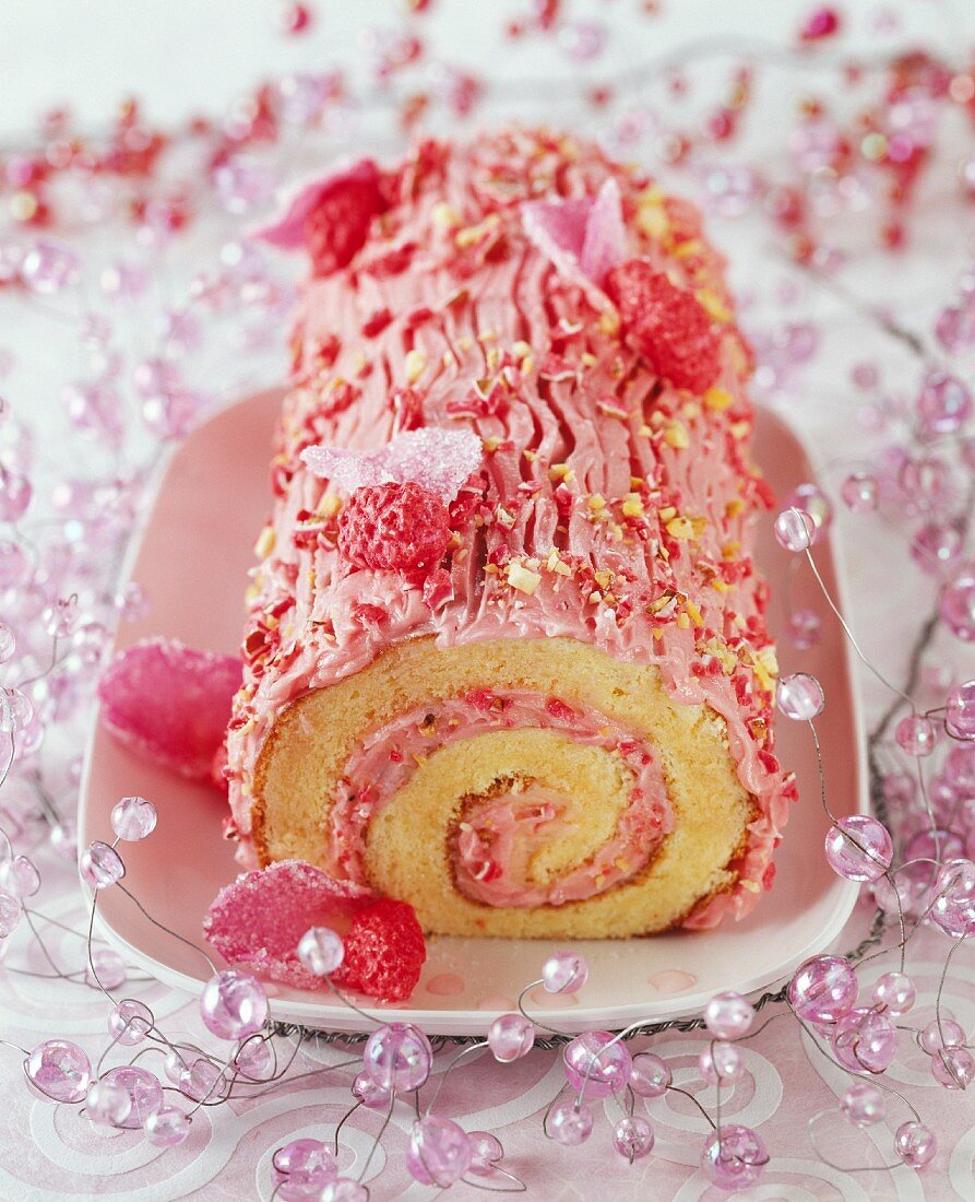 Pink praline log cake