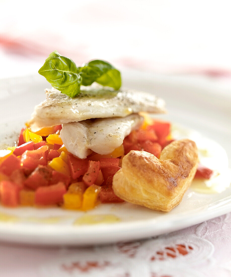 White fish with red and yellow peppers