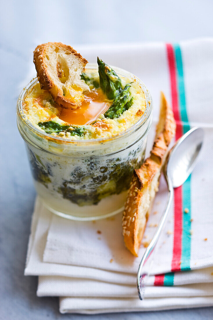 Coddled egg with asparagus and sorrel
