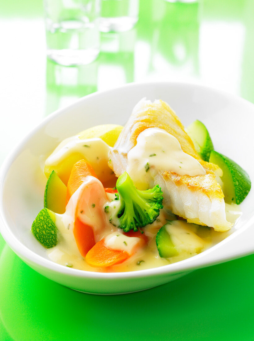 Steam-cooked vegetables and fish in white sauce