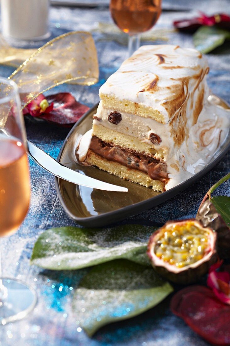 Rum and passionfruit log cake flambée