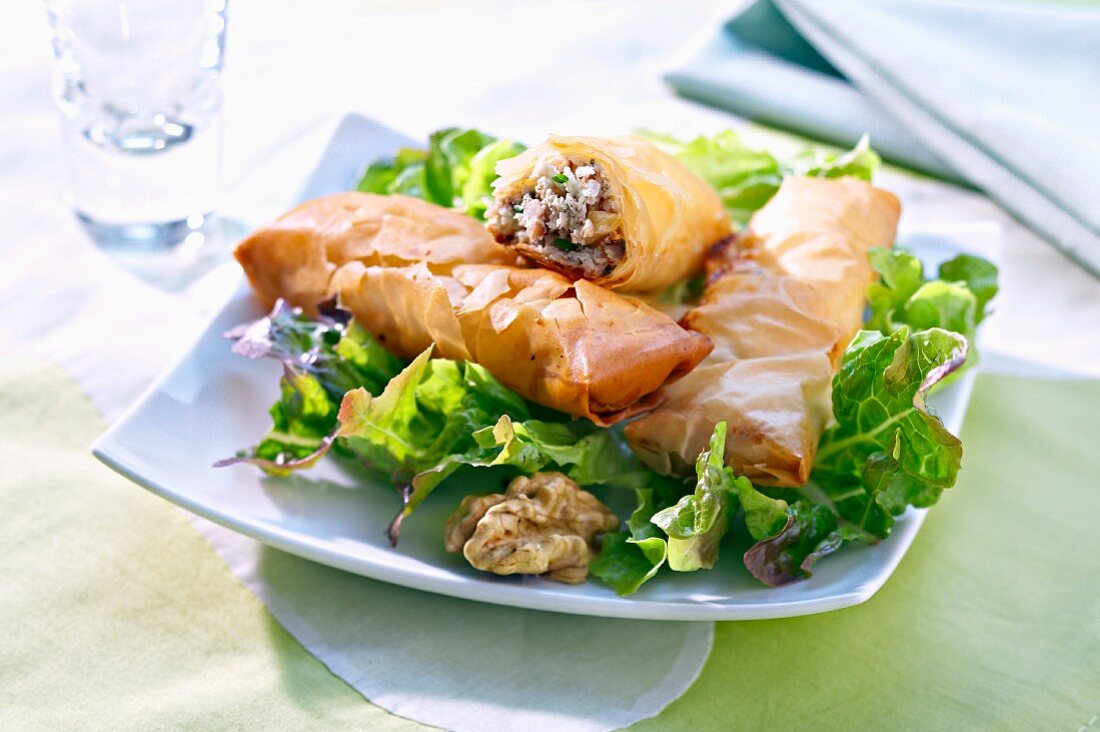 Goat's cheese and walnut crisp filo pastry nems