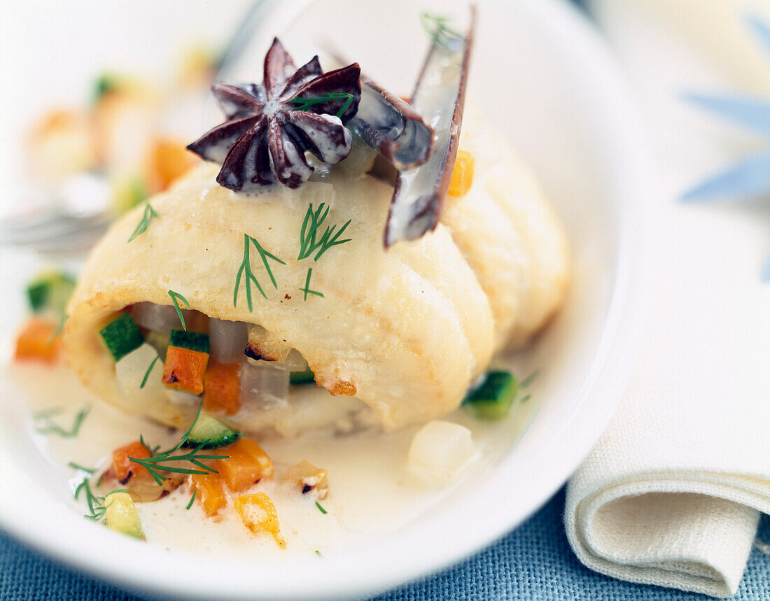 Gefüllte Seezungenfilets mit Gewürzsoße