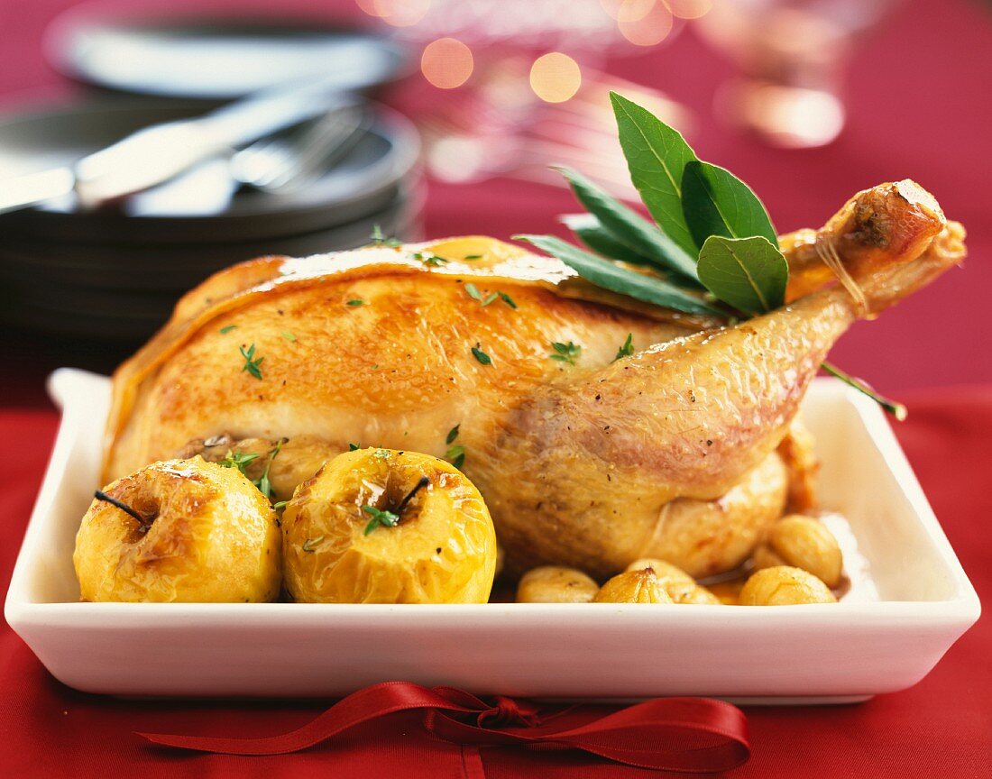 Stuffed poulard hen with chestnuts and apples