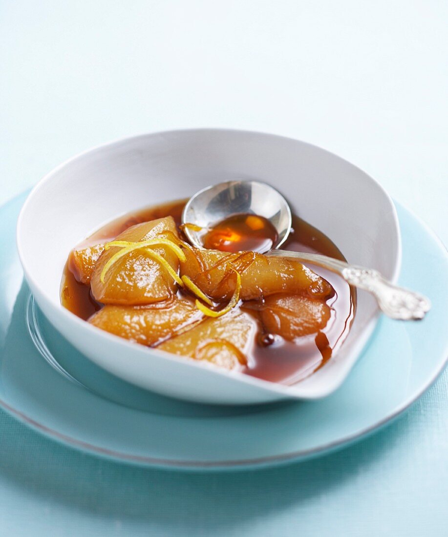 Pears poached with tea and lemon