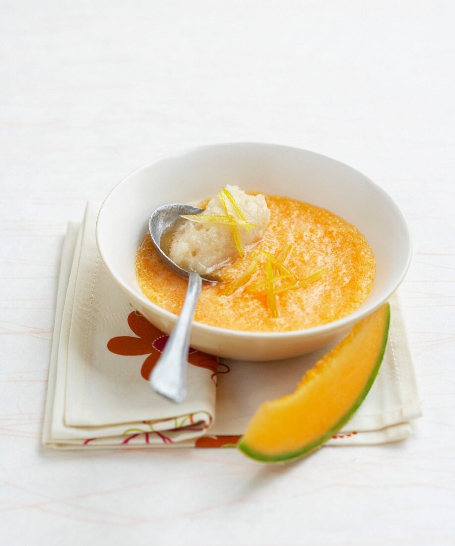 Melon soup with ginger sherbet ice