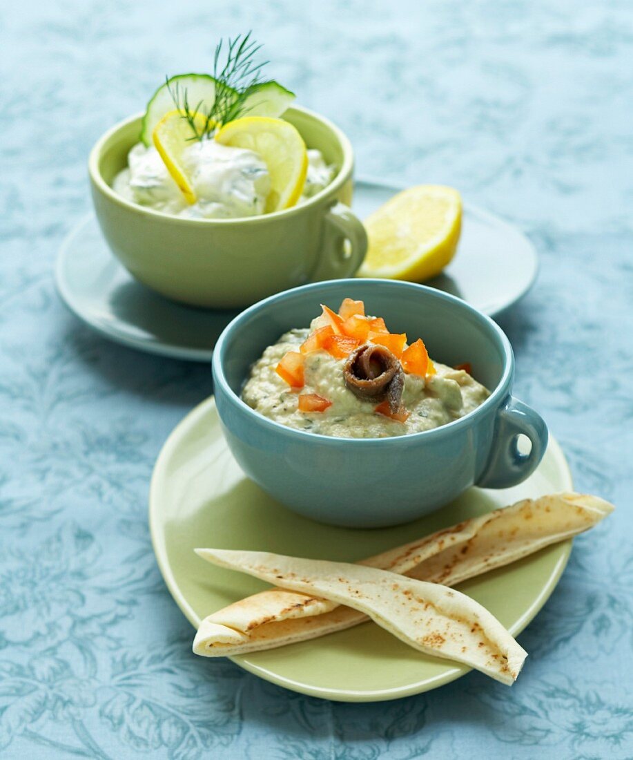 Eggplant caviar and tzatziki