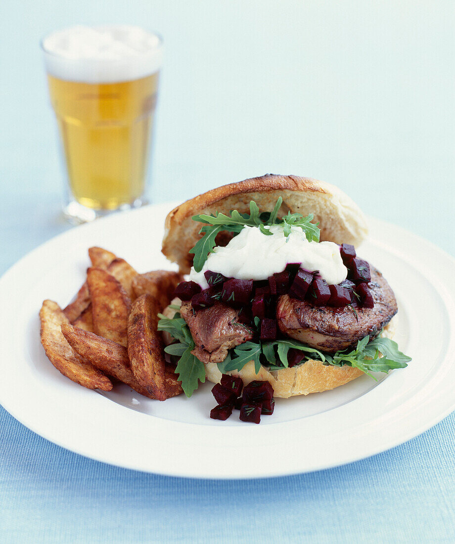 Steak and beetroot burger with french fries