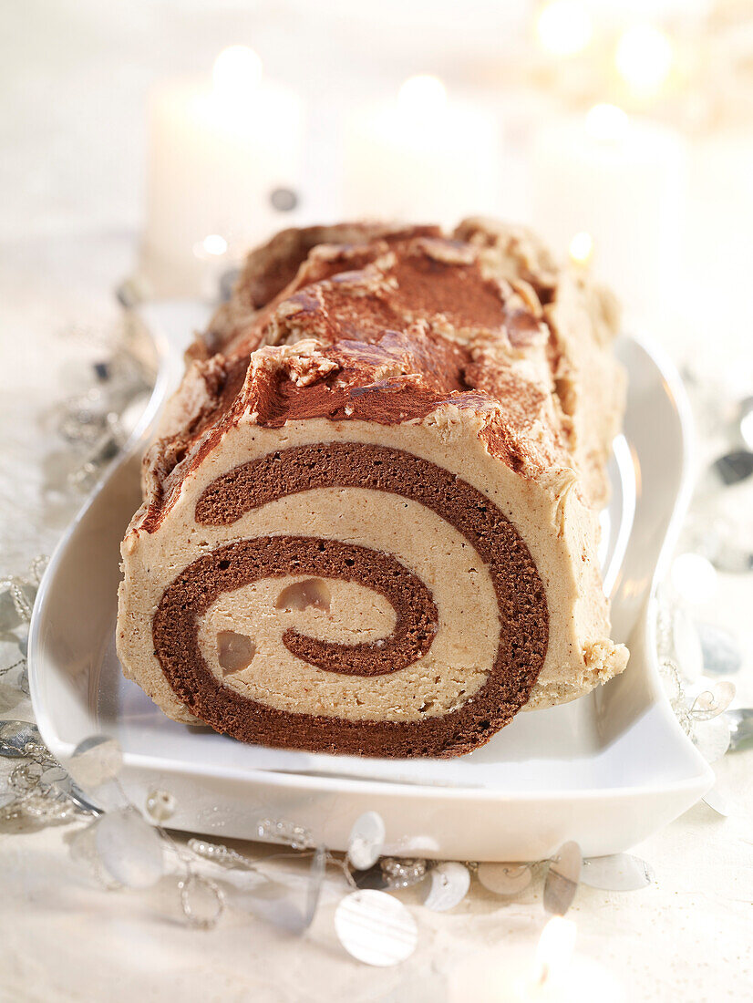 Chocolate,chestnut and whisky rolled log cake