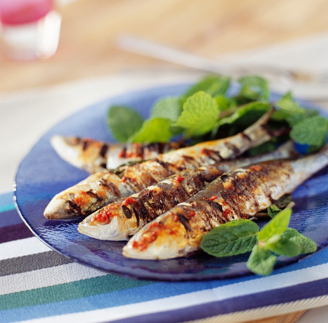 Grilled sardines with harissa and fresh mint